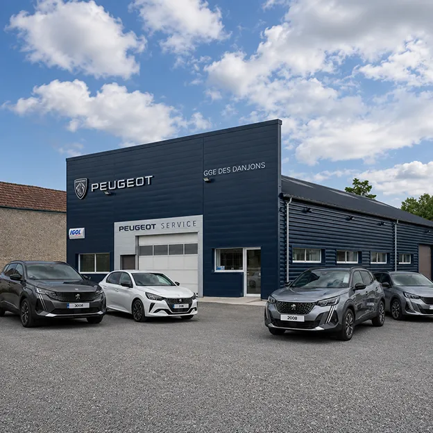 Concessionnaire Peugeot Service à Bourges avec véhicules exposés devant le garage.