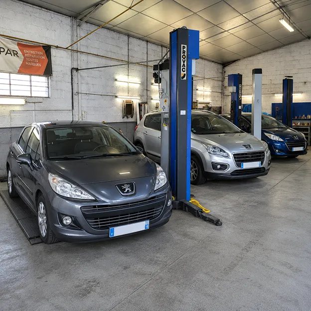 Atelier Peugeot à Bourges avec voitures sur lifts de révision.