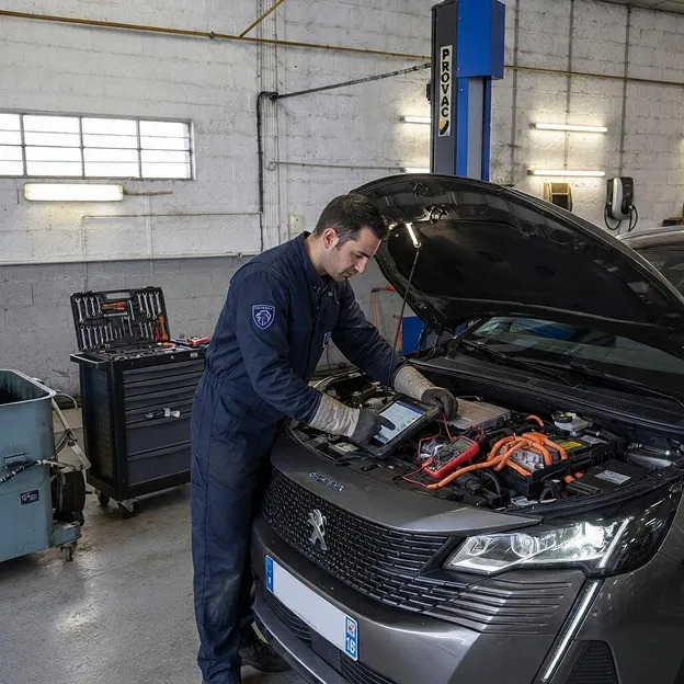 Mécanicien inspectant batterie électrique voiture Peugeot en garage.