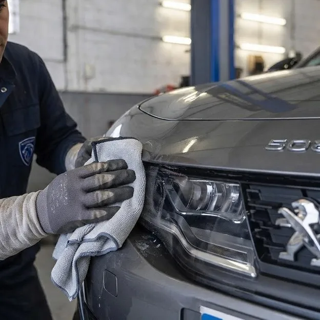 Mécanicien nettoyant le capot d’une Peugeot en atelier.