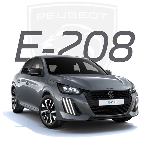 Peugeot E-208, modèle électrique en vue avant, gris métallisé.