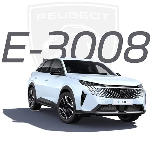 Peugeot E-3008, modèle électrique SUV blanc, vue avant.